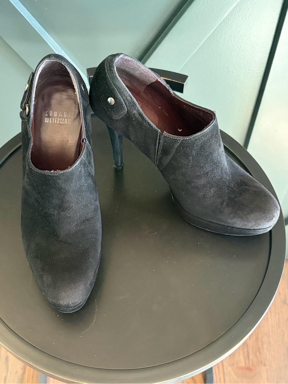 Stuart Weitzman Black Suede High-Heel Booties with Side Button